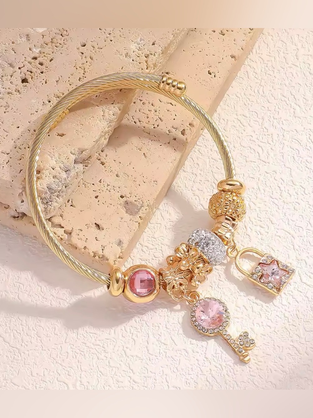 New! Gold Bracelet with Pink and Clear Crystal Charms